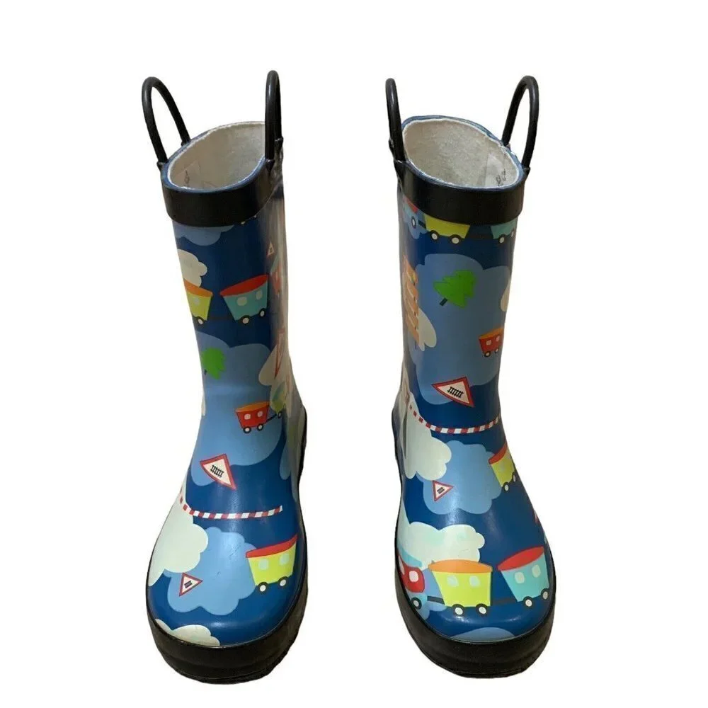 Mucky Wear Children's Size 2Y Rubber Rain Boots Train Theme w.  Easy-on Handles